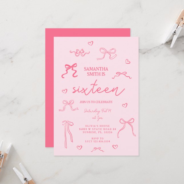 Invitation Coquette rose 16e fête d'anniversaire (Devant/Arrière en situation)