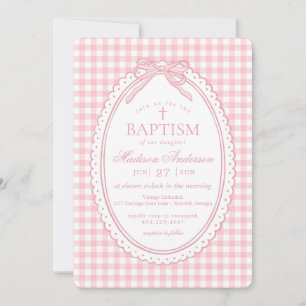 Invitation Coquette rose à carreaux avec noeud Baptême