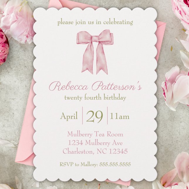Invitation Coquette Rose Aquarelle Bow Fête Anniversaire (feminine coquette aesthetic pink bow birthday party invitation shady chic cute bday scallop invite )