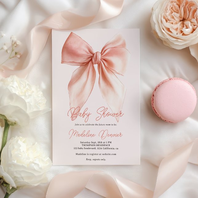 Invitation Coquette Rose Bleu Cute Baby shower fille Bow (Cute Blush Pink Coquette Bow Girl Baby Shower Invitation)