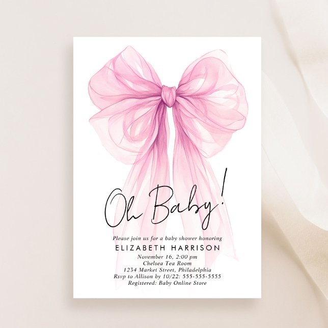 Invitation Coquette rose Bow Aquarelle bébé fille douche (Celebrate the upcoming arrival of your baby girl with a beautiful baby shower invitation)
