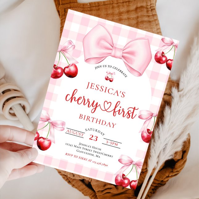 Invitation Coquette Rose Bow Cerise Première fête d'anniversa (Créateur téléchargé)