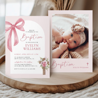 Invitation Coquette rose Bow Floral Cross Girl Baptism Photo