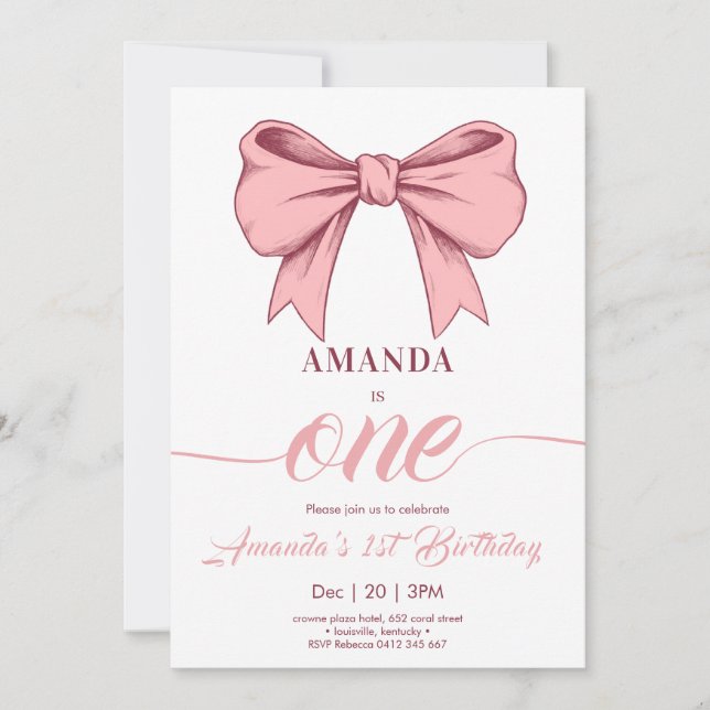Invitation Coquette Rose Bow Girl Anniversaire (Devant)