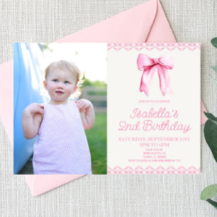 Invitation Coquette Rose Bow Personnalisé Photo Anniversaire
