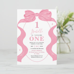 Invitation Coquette rose Bow & Photo Ribbon 1ère Fille Annive