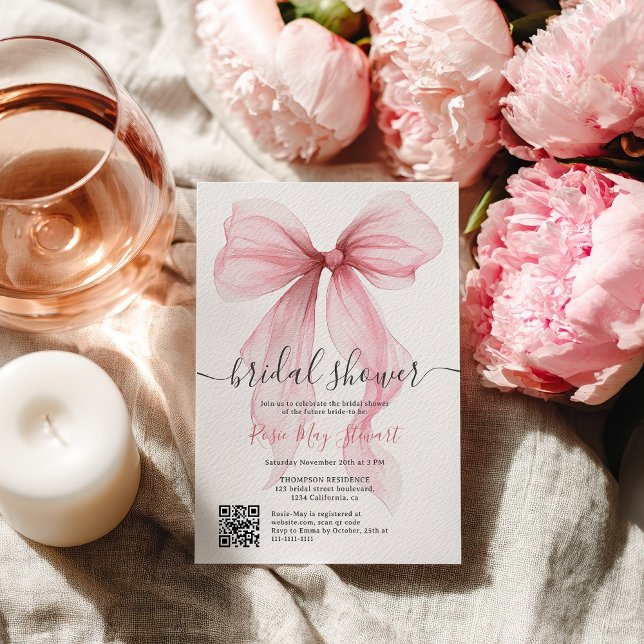 Invitation Coquette rose Bow Romantique Qr code Fête des mari (Pink Coquette Bow Romantic Qr code Bridal Shower Invitation)