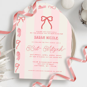 Invitation Coquette Rose Bow & Stripes Bat Mitzvah