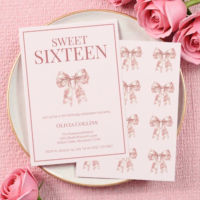 Invitation Coquette rose Bow Sweet sixteen fête d'anniversair (Pink Coquette Bow Sweet Sixteen Birthday Party Inv Invitation)