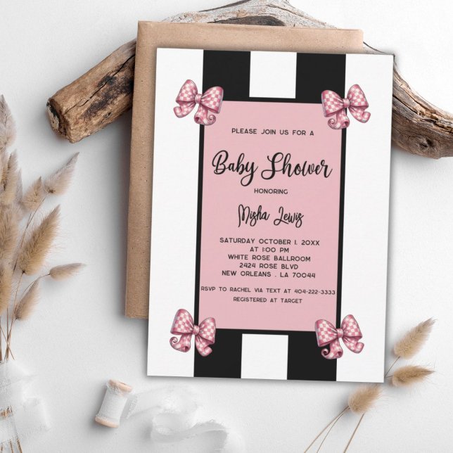 Invitation Coquette Rose Bows Black Stripe Baby shower (Créateur téléchargé)