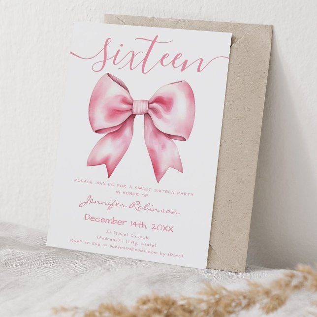Invitation Coquette rose Brousse Douce 16 Anniversaire (Pink Coquette Blush Bow Sweet 16 Birthday Invitation)