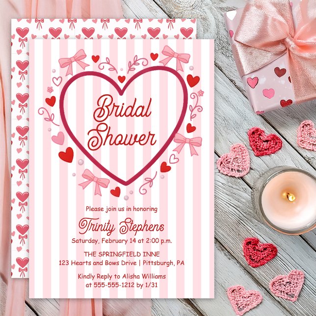 Invitation Coquette Rose | Cœurs Rouges et Rubans de Mariage (Pink | Red Coquette Hearts and Bows with Pink | White Stripes Bridal Shower Invitation Print Digital)