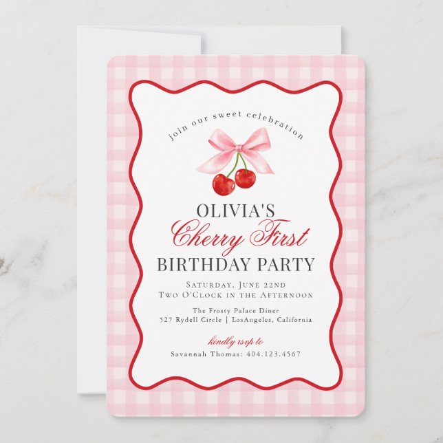 Invitation Coquette rose doux En vichy premier anniversaire (Devant)