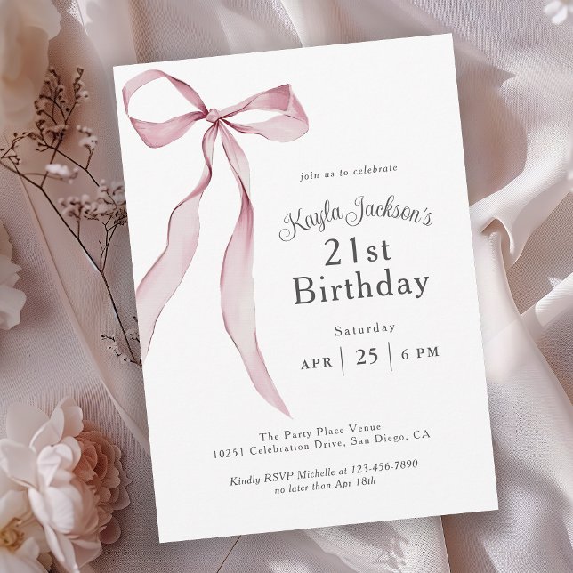 Invitation Coquette rose élégant Bow 21e fête d'anniversaire (Available in both printed and instant download digital formats.)
