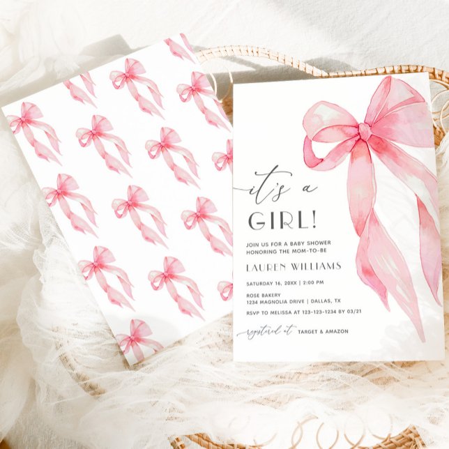 Invitation Coquette Rose Élégante Bow Son Baby shower Fille (Créateur téléchargé)