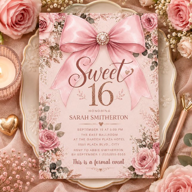 Invitation Coquette Rose Élégante Bow Sweet 16 (Créateur téléchargé)