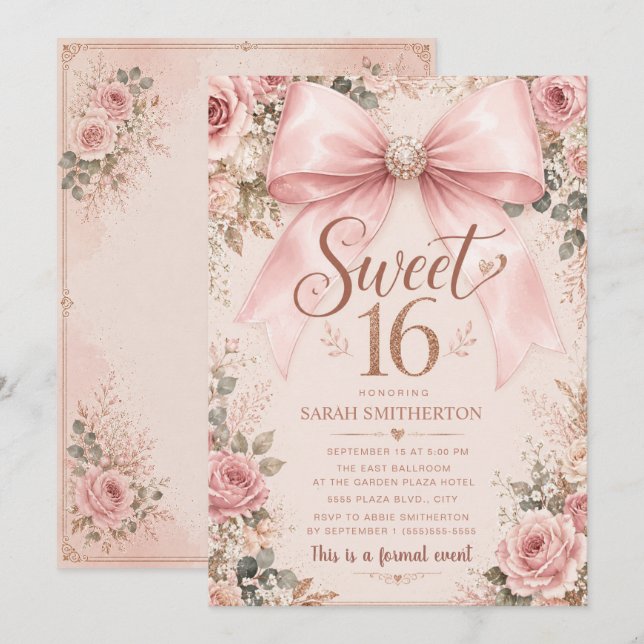 Invitation Coquette Rose Élégante Bow Sweet 16 (Devant / Derrière)