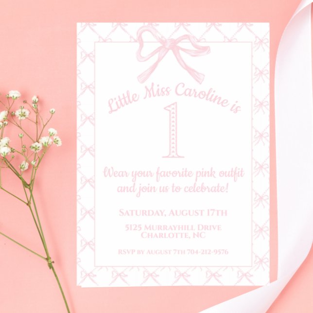 Invitation Coquette rose et blanc Bow Anniversaire fille, Bow (Créateur téléchargé)