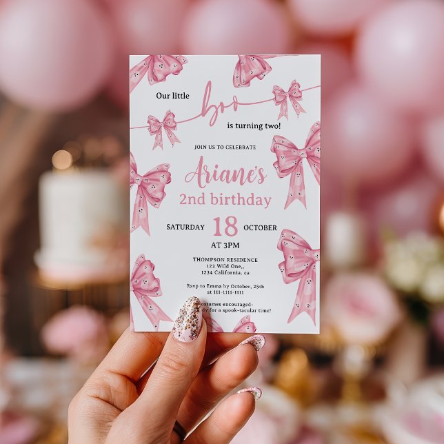 Invitation Coquette rose Fantômes Petit garçon de 2e annivers (Pink Coquette Bow Ghosts Little boo 2nd birthday Invitation)