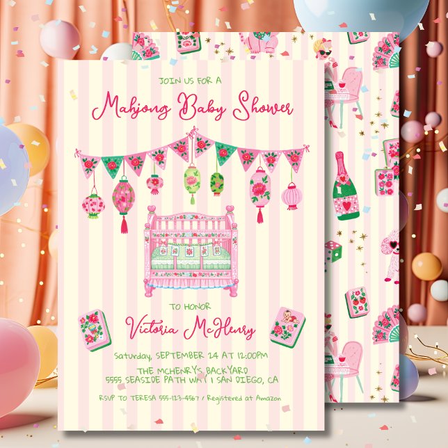 Invitation Coquette Rose Fête de Naissance Bébé Fille Mahjong (Créateur téléchargé)