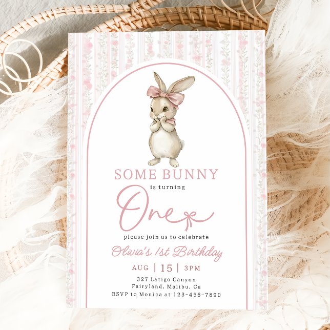 Invitation Coquette Rose Lapin 1er Anniversaire (Créateur téléchargé)