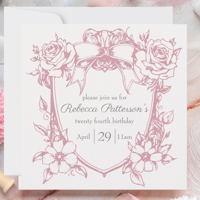 Invitation Coquette Rose Mignon Féminin Cadre à Nœud Fête (feminine pink coquette birthday  party invitation pink bow floral frame victorian tea party cute)