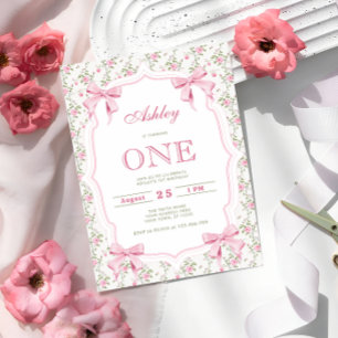 Invitation Coquette rose mignonne Bow 1er anniversaire