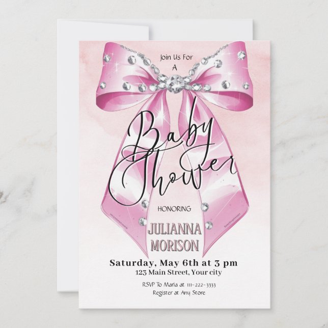 Invitation Coquette rose moderne Bow Baby shower fille (Devant)