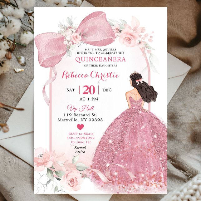 Invitation Coquette rose pâle Floral Quinceañera (Créateur téléchargé)
