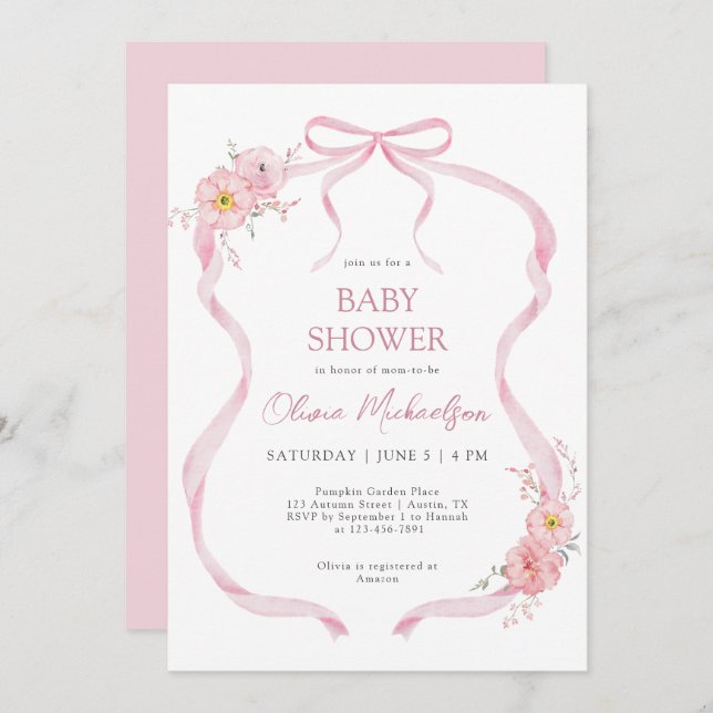 Invitation Coquette rose Ruban Bow Floral Girl Baby shower (Devant / Derrière)