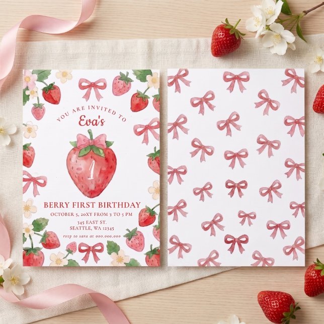 Invitation Coquette Rose Ruban Fraise Baie Premier Anniversai (Coquette Pink Bow Strawberry Berry First Birthday Invitation)