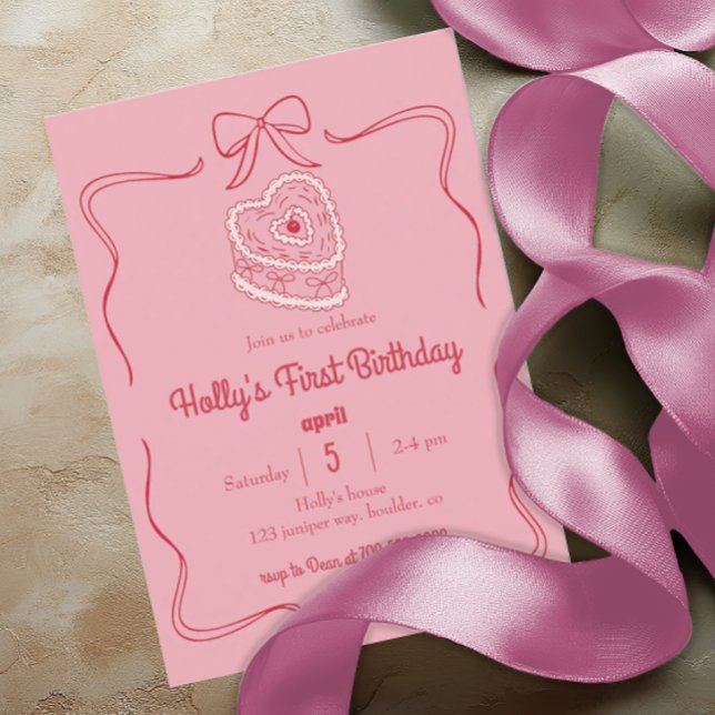 Invitation Coquette rose sucrée Bow 1er Anniversaire Coeur Ca (Créateur téléchargé)