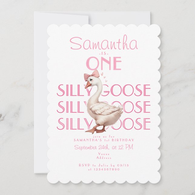 Invitation Coquette rose une oie sotte fille 1er anniversaire (Devant)