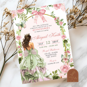 Invitation Coquette Royal Garden Sage Blush Pink Quinceanera