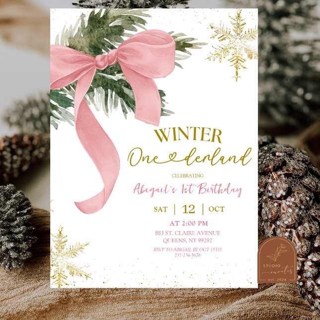 Invitation Coquette Ruban Rose Anniversaire Hiver Onederland (Créateur téléchargé)