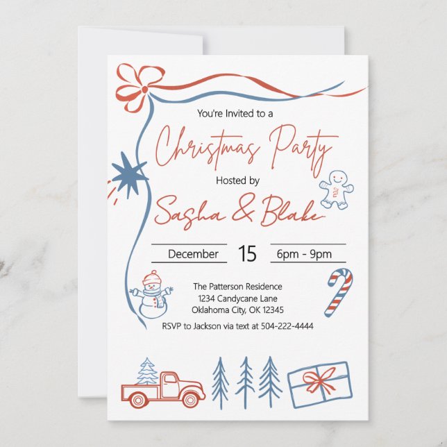 Invitation Coquette Rustic Red & Blue Christmas Party (Devant)