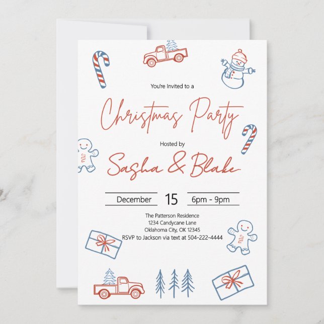 Invitation Coquette Rustic Red & Blue Christmas Party (Devant)
