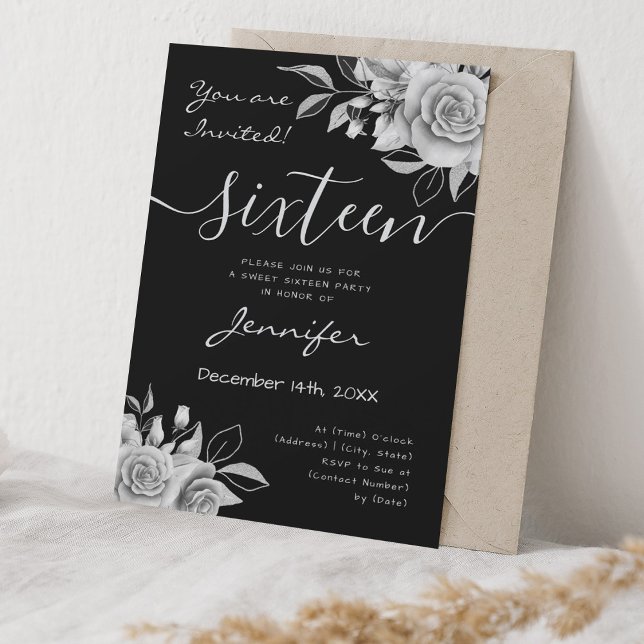 Invitation Coquette Silver Sweet 16 Floral Glam Black (Coquette Silver Sweet 16 Floral Glam Black Invitation)
