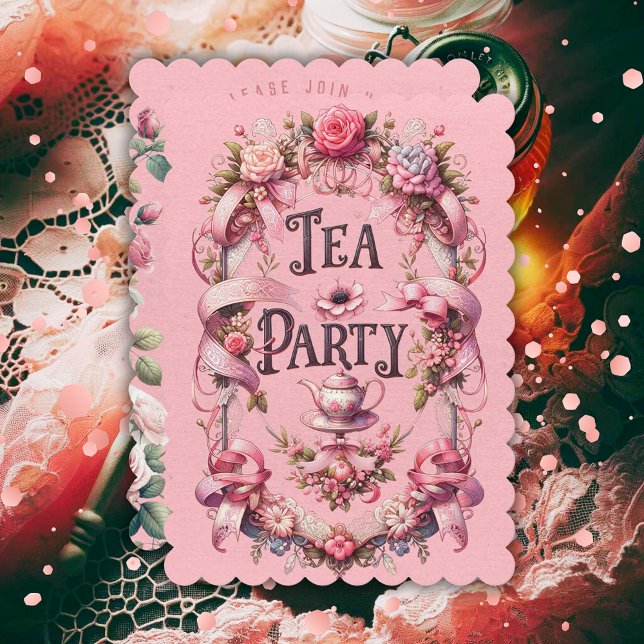 Invitation Coquette Soirée Thé esthétique Anniversaire Invita (birthday tea party invitation teapot tea cups roses coquette aesthetic girly pink ribbons lace)