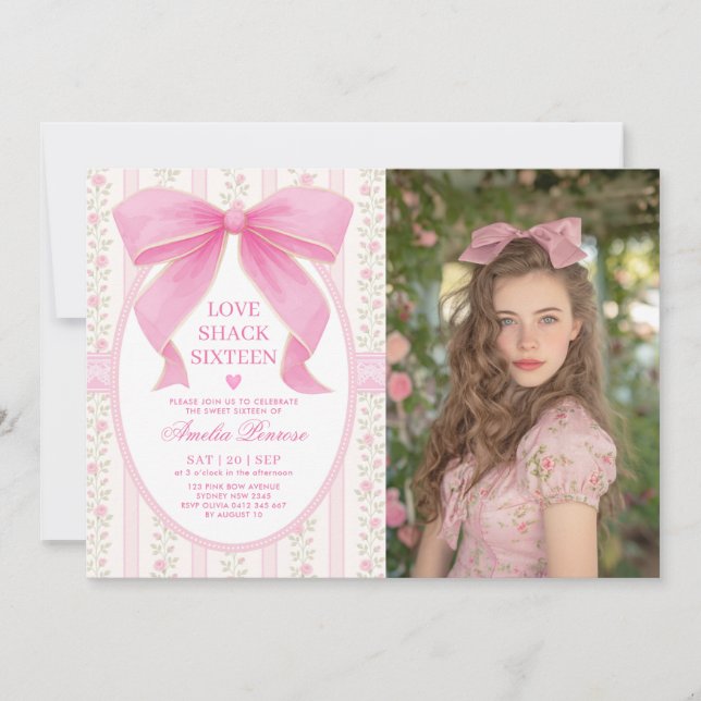 Invitation Coquette Sweet 16 Pink Bow Birthday Photo (Devant)
