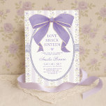 Invitation Coquette Sweet 16 Purple Bow Floral Anniversaire<br><div class="desc">Célébrez seize en style avec cette invitation romantique, d'inspiration vintage Sweet 16, avec un arc en lavande peint à la main, un papier peint délicat à rayures roses, et des détails de dentelle douce. Avec sa palette de pastel rêvée et son élégance coquette, ce design apporte une touche de charme...</div>