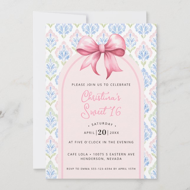 Invitation Coquette Sweet 16 Ruban Rose (Devant)