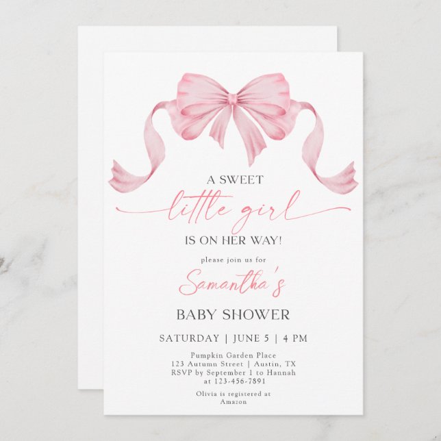 Invitation Coquette Sweet Little Girl Bow Baby shower frontal (Devant / Derrière)