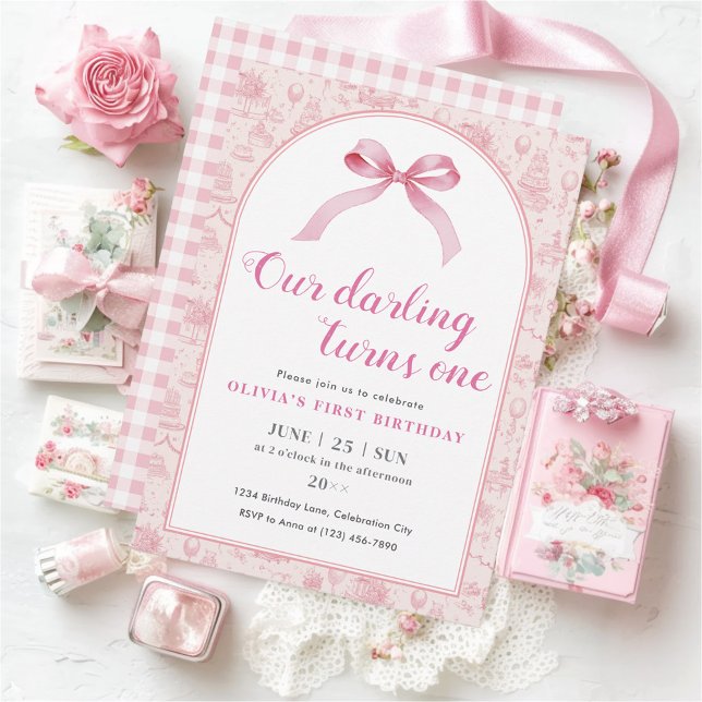 Invitation Coquette Toile rose Bow 1er anniversaire fille (Créateur téléchargé)