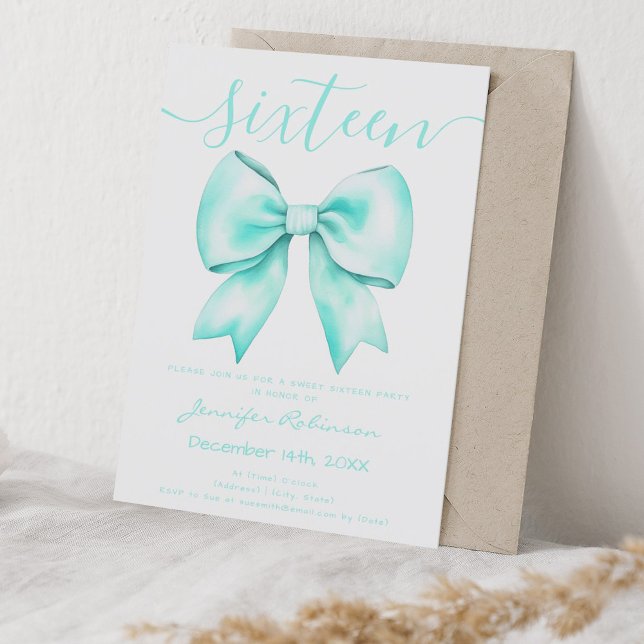 Invitation Coquette Turquoise Turquoise Bow Sweet 16 Annivers (Coquette Turquoise Teal Bow Sweet 16 Birthday Invitation)