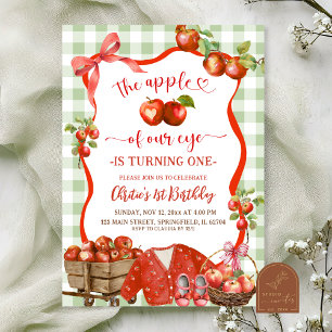 Invitation Coquette Vert Carreaux Nœud Apple 1er Anniversaire