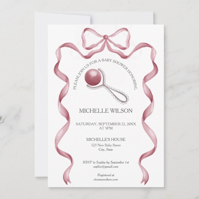 Invitation Coquette vintage Pink Ribbon Bow Baby Girl (Devant)