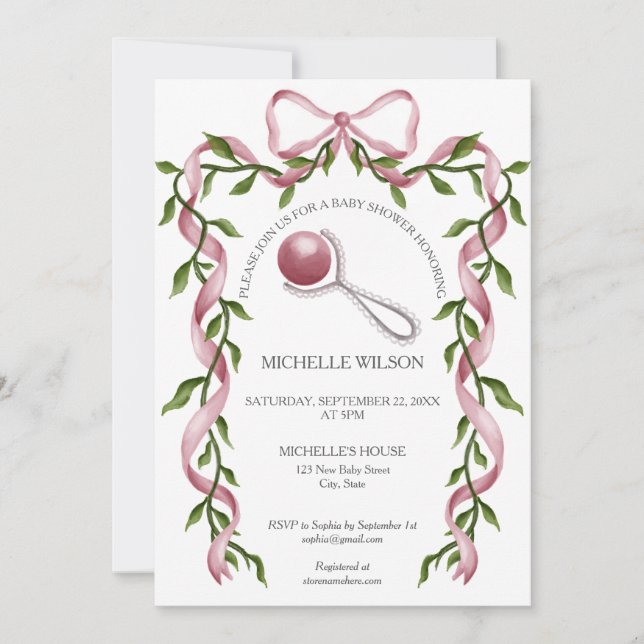 Invitation Coquette vintage Verdure Bow rose Baby Girl (Devant)