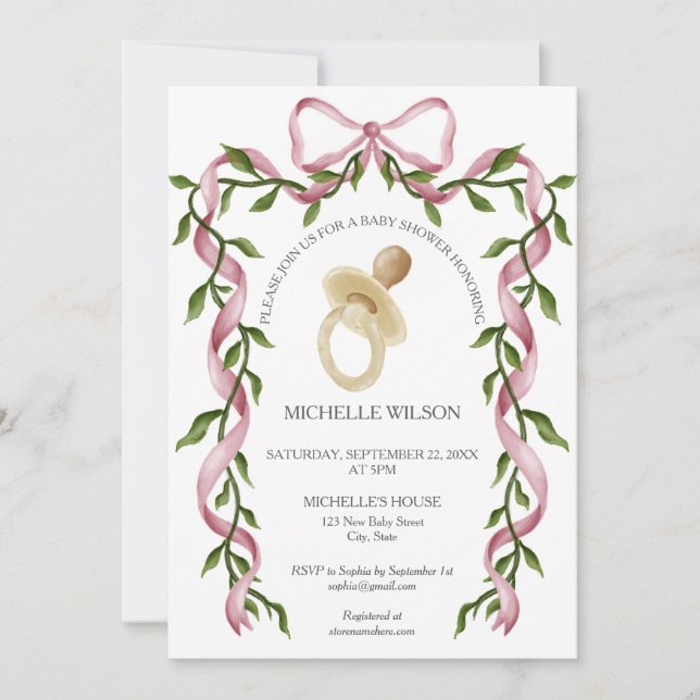 Invitation Coquette vintage vert Pink Bow Pacifier (Devant)