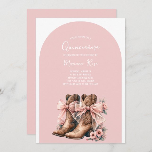 Invitation Coquette Western Boots Quinceanera Anniversaire (Devant / Derrière)